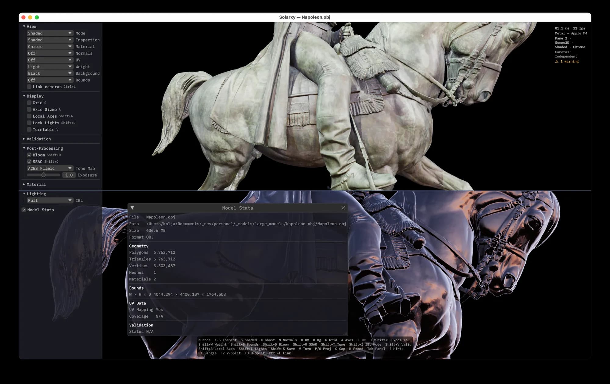 Solarxy showing a 3D model in a shaded pane beside its UV layout in a split viewport.