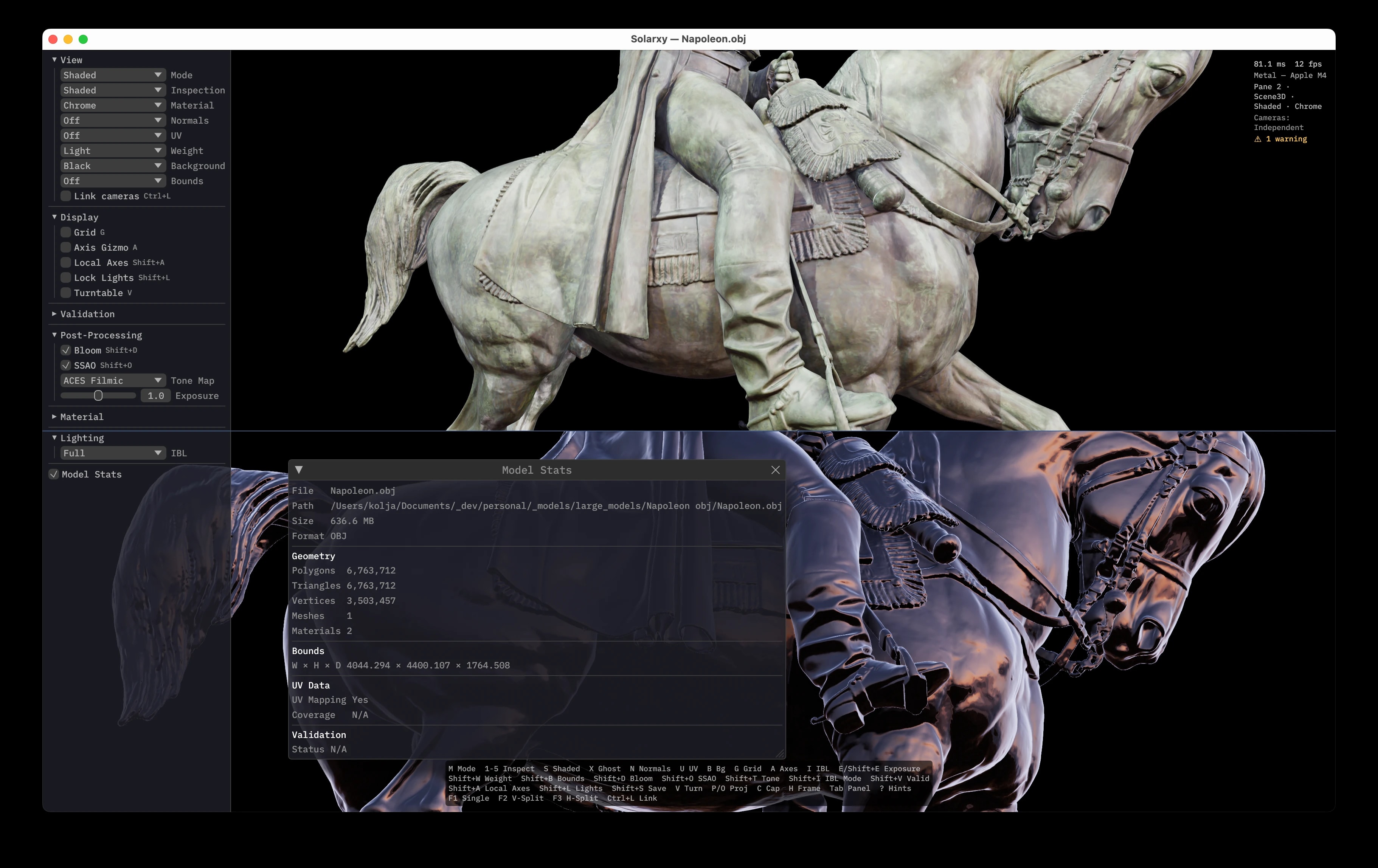 Solarxy showing a 3D model in a shaded pane next to its UV layout in a split viewport.