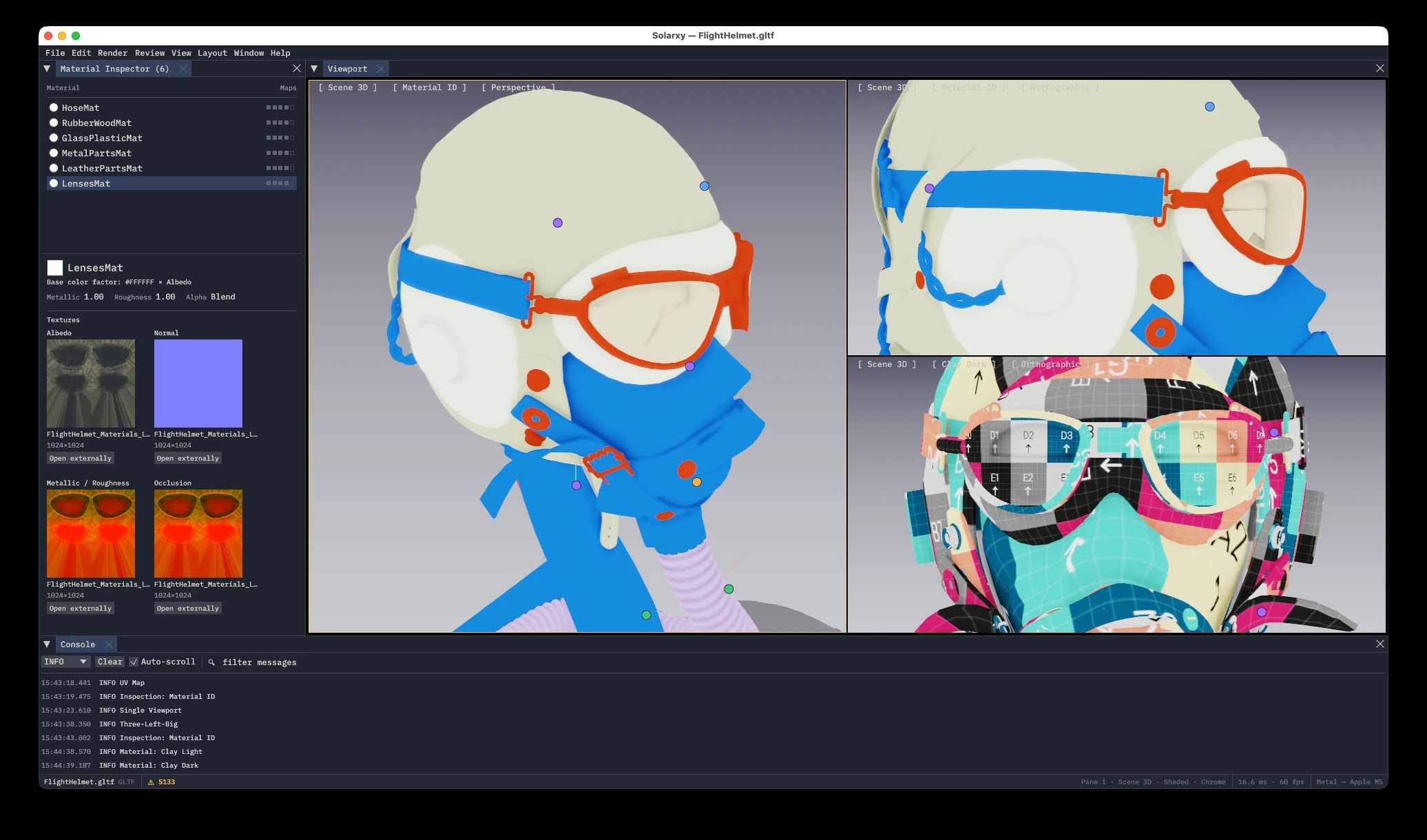A model rendered in Material ID mode, one flat color per material.