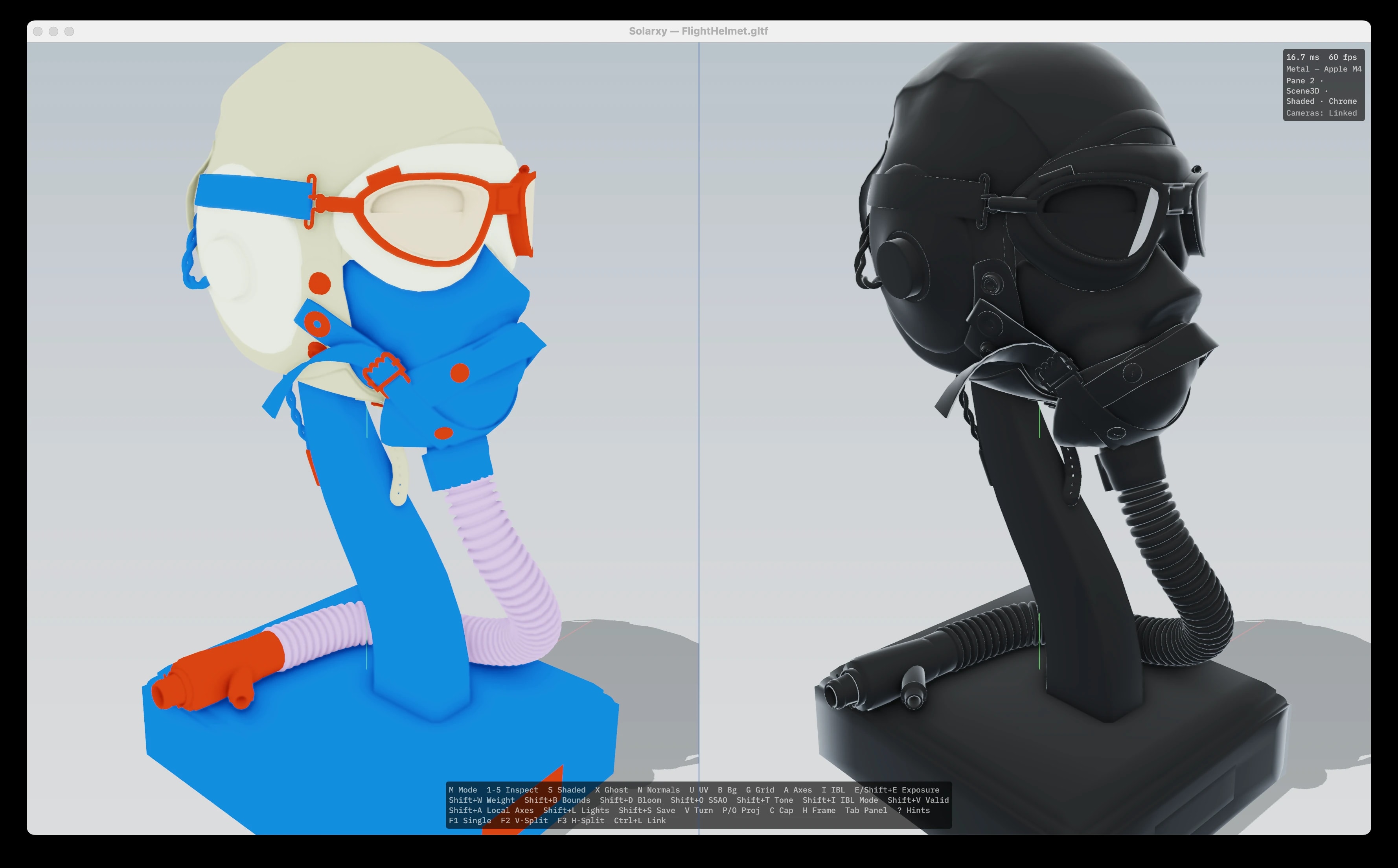 A split view comparing Material ID and chrome shading on the same model.