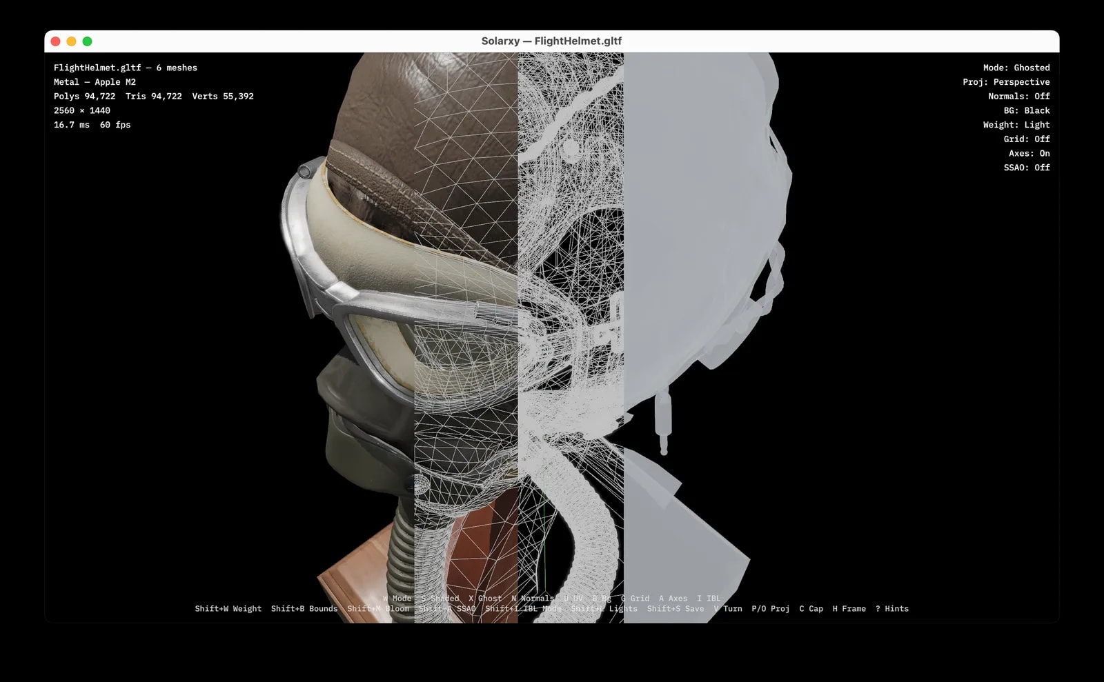 The same model shown in shaded, wireframe, and ghosted view modes.