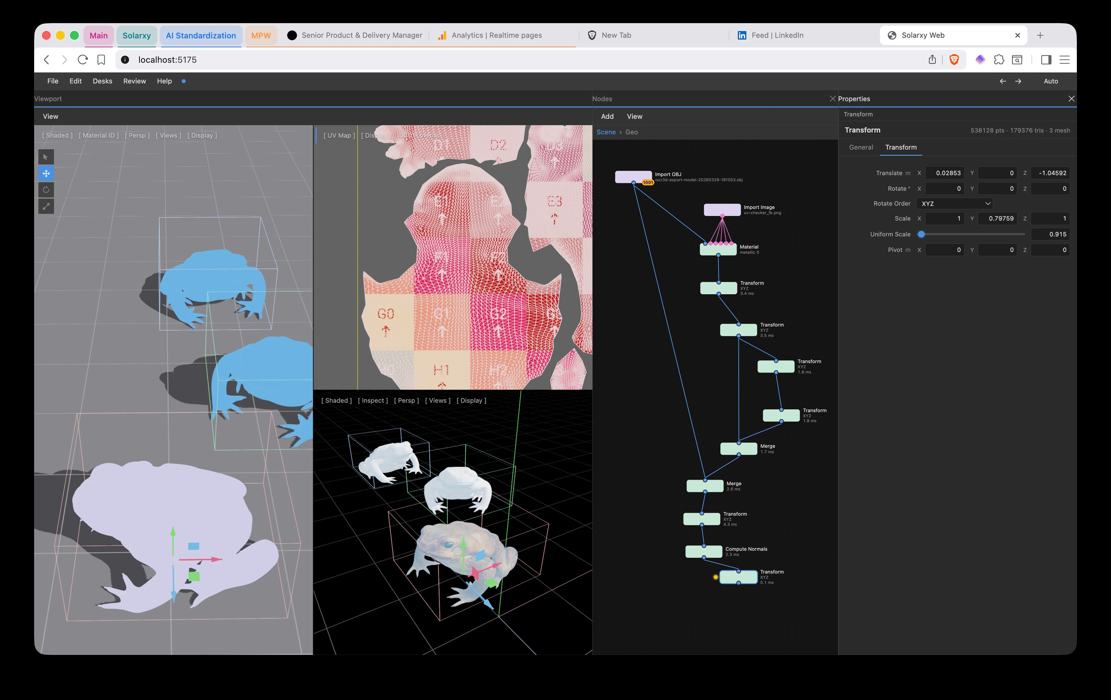 Solarxy Web in the dark theme: shaded and UV map viewport panes around a frog model, beside the geometry node network and the transform parameter panel.
