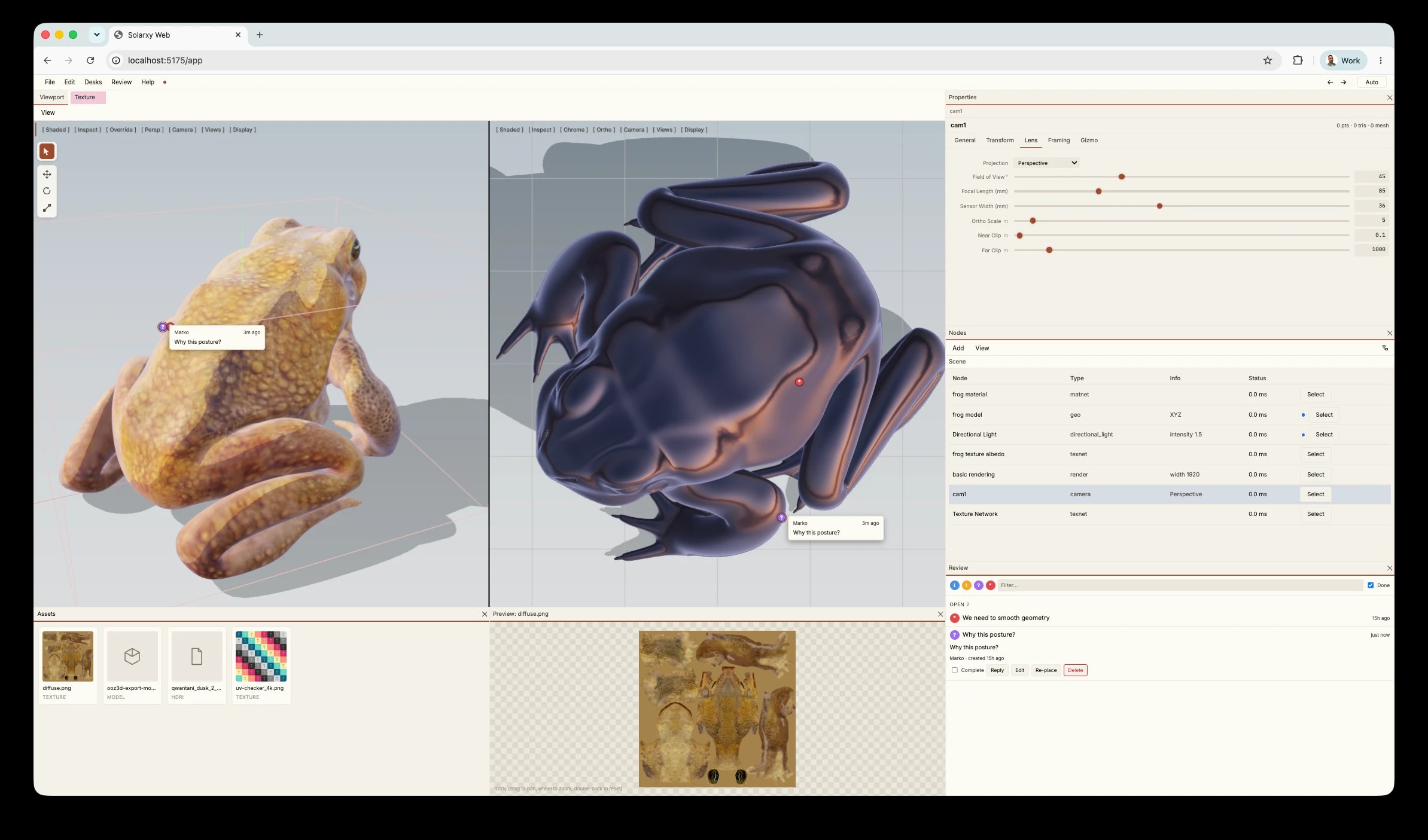 Solarxy Web in the light theme: two viewport panes looking through cameras at a frog model, with the scene node list and review notes.