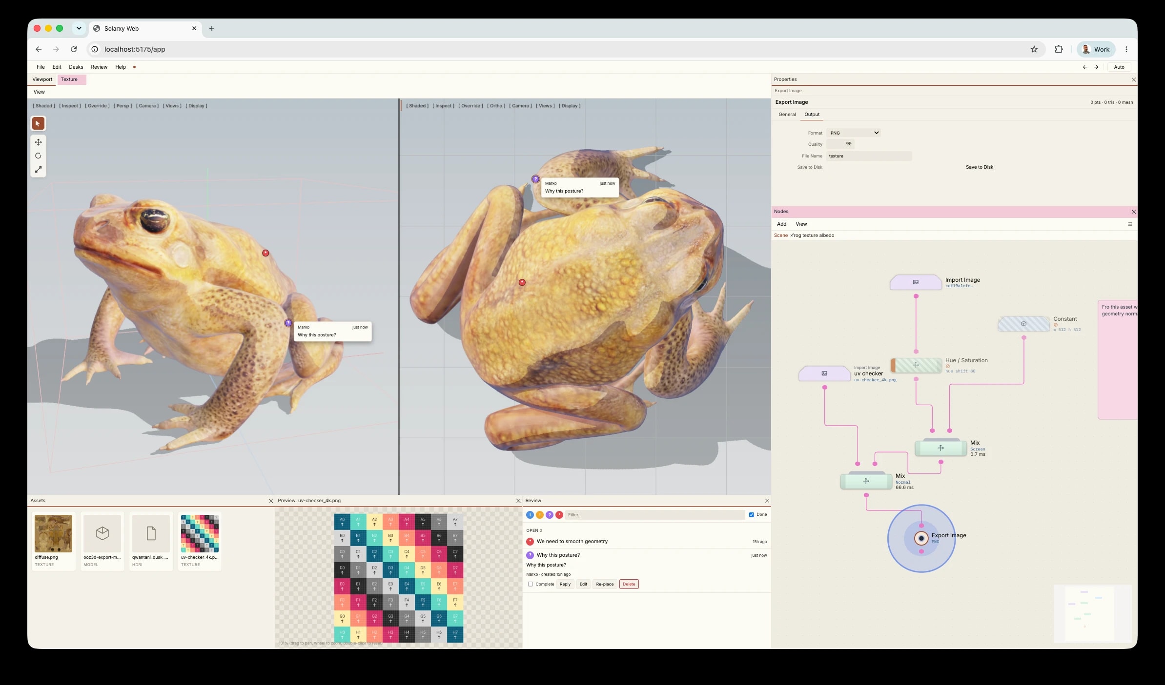 Solarxy Web with a texture network cooking an image, asset previews, and an export node selected.
