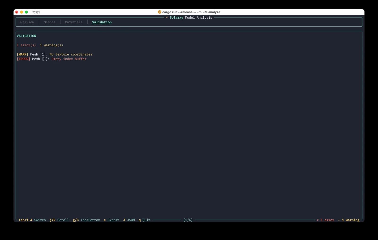 The Solarxy analyze report validation tab listing geometry issues.