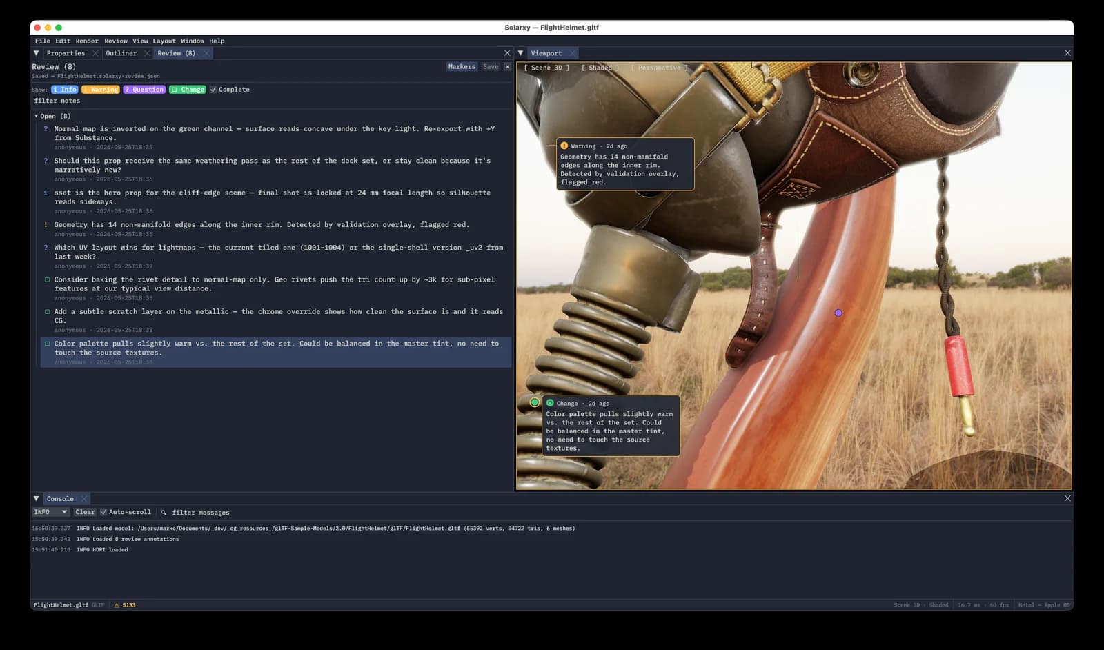 The Solarxy Review Panel listing annotations grouped by status.