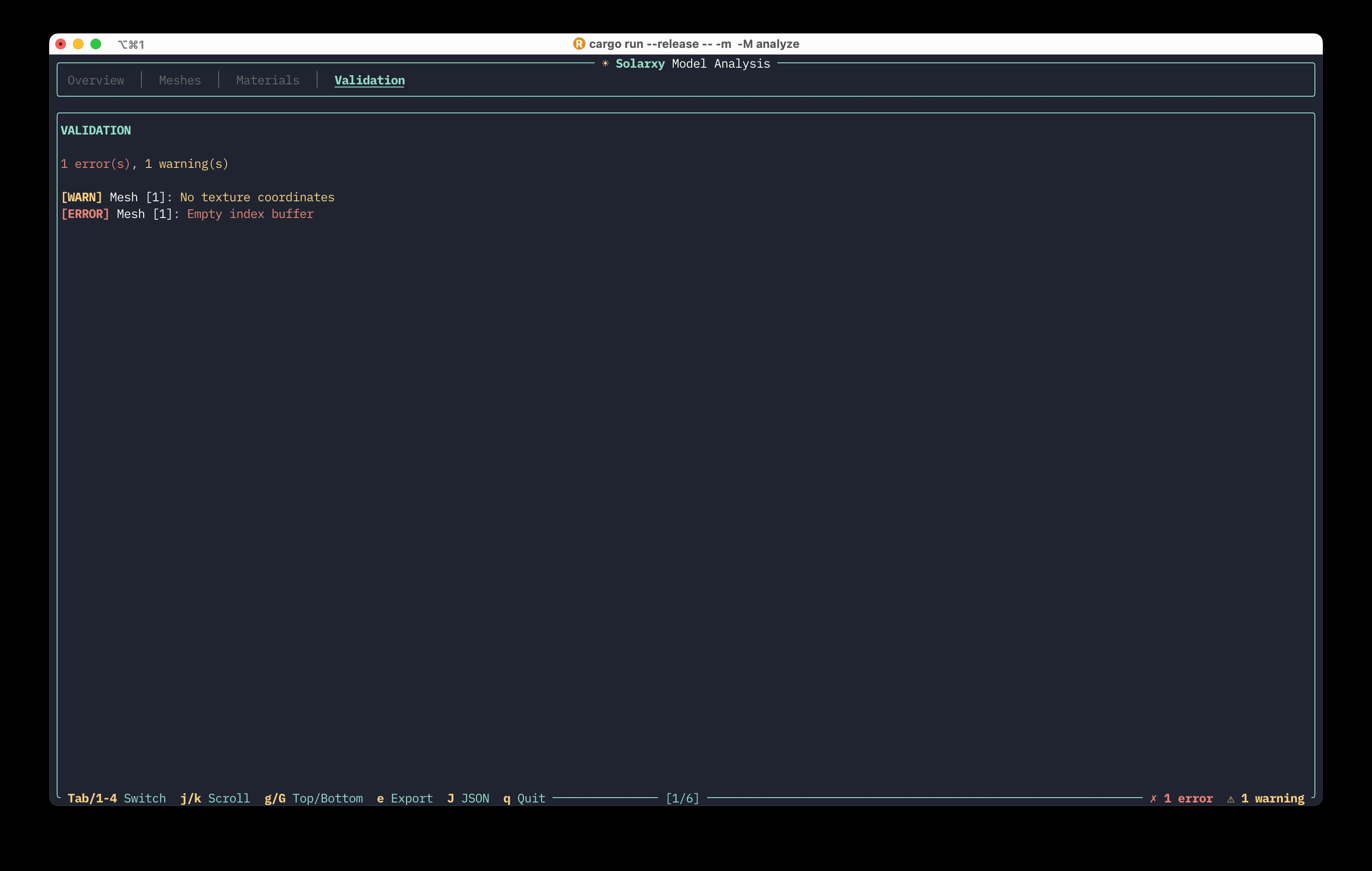 The Solarxy analyze report validation tab listing geometry issues.